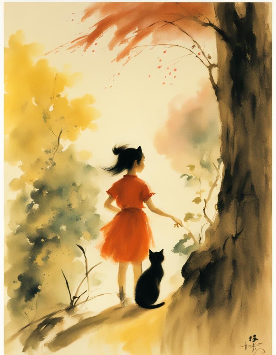 Girl and Cat in Tyrus Wong Style
