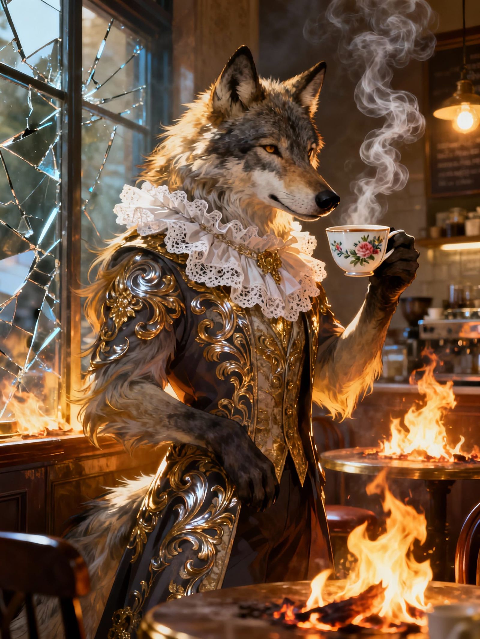 Rococo Wolf Enjoys Coffee in Burning Shop