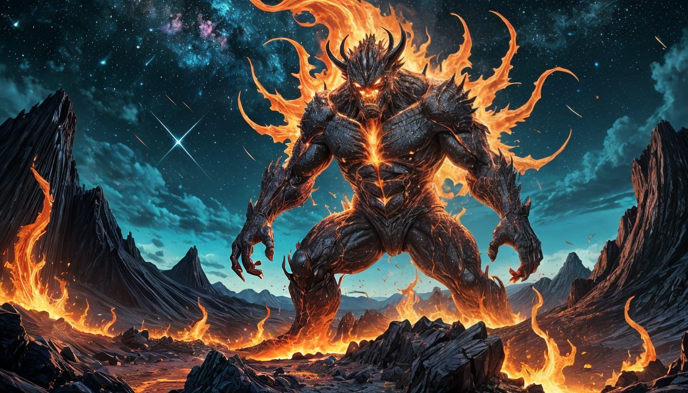 Colossal Fire Demon Erupts from Volcanic Landscape