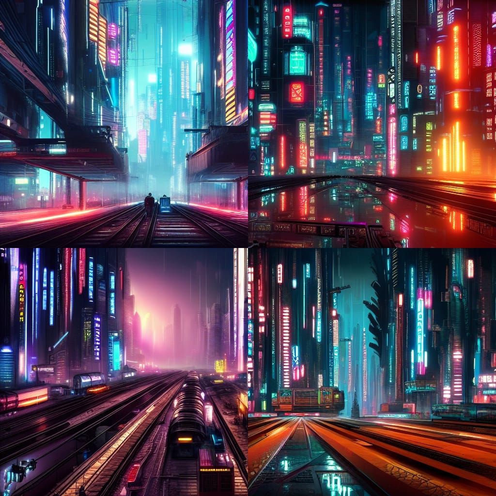 Cyberpunk Cityscape with Trains at Night