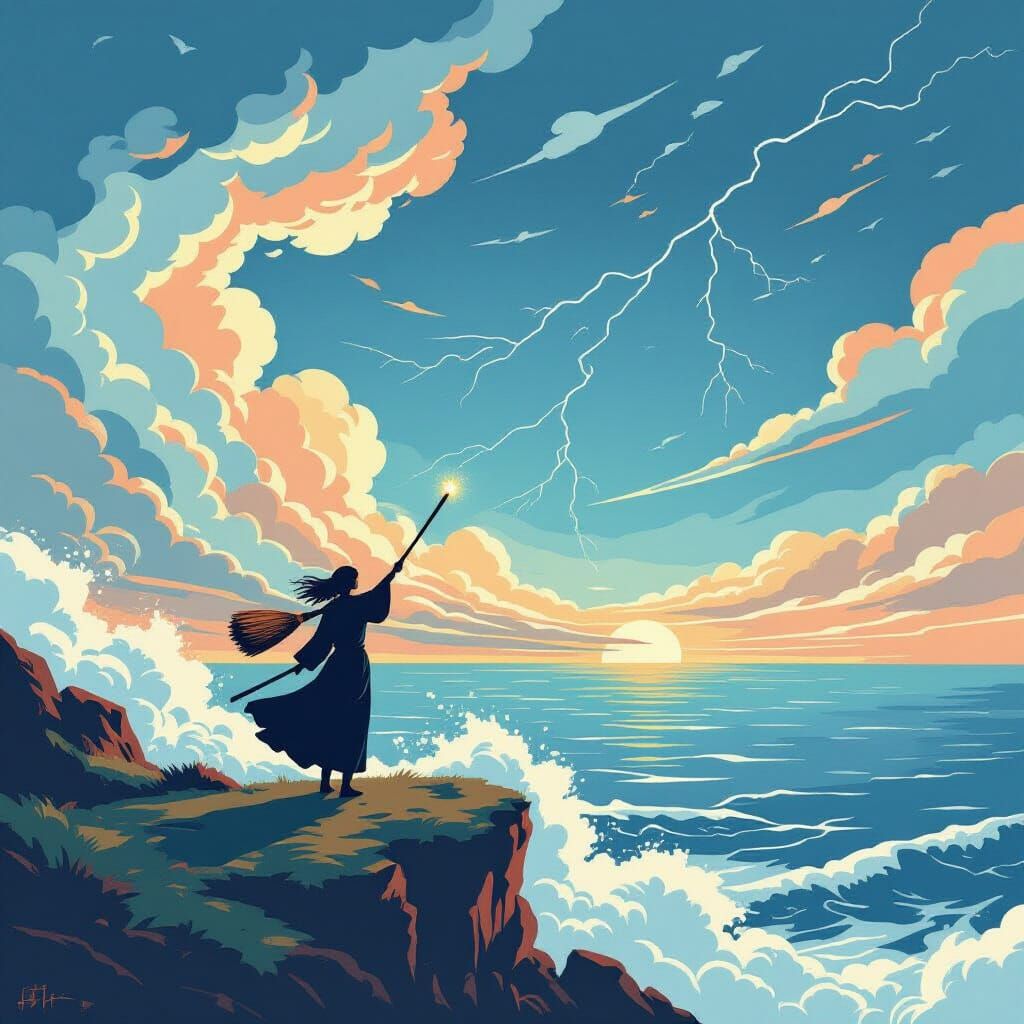 Sorceress on Cliff Overlooking Stormy Sea in Ukiyo-e Style