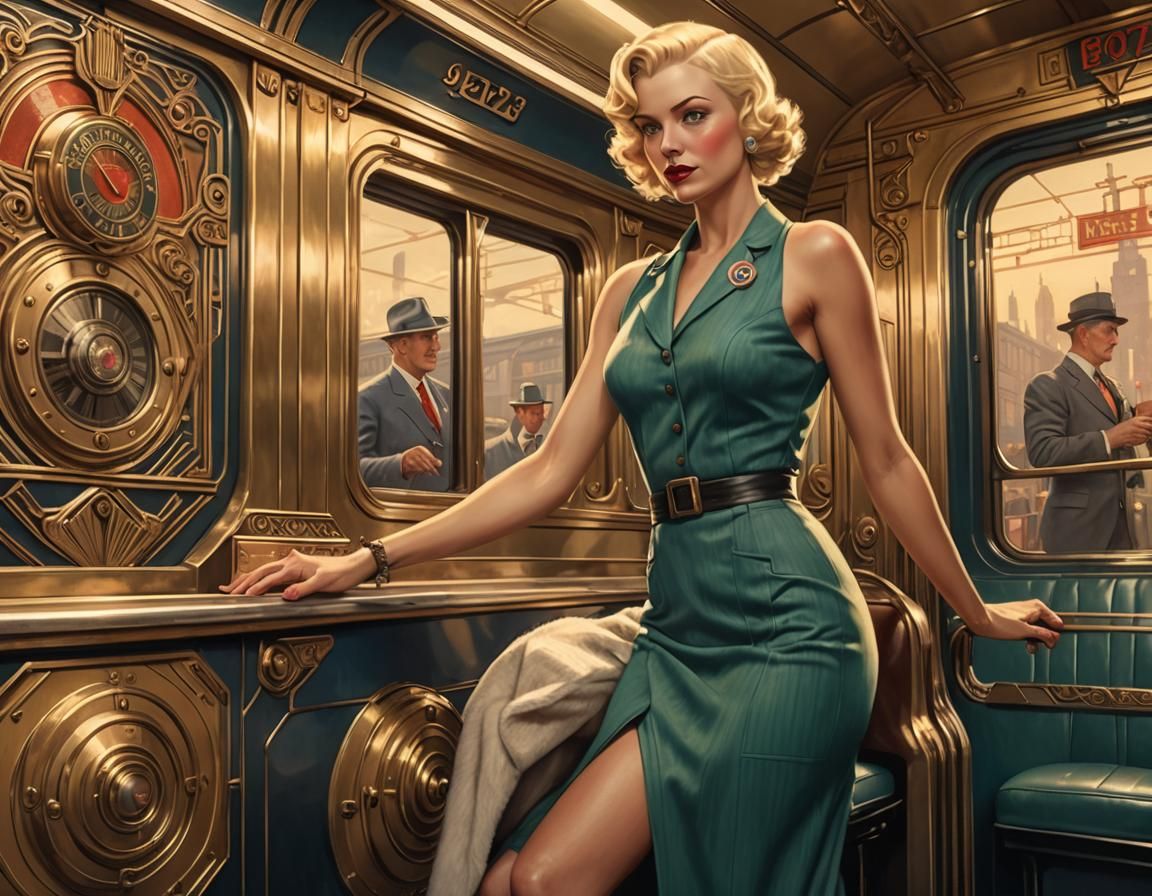 Norman Rockwell inspired girl posing by a art deco train.