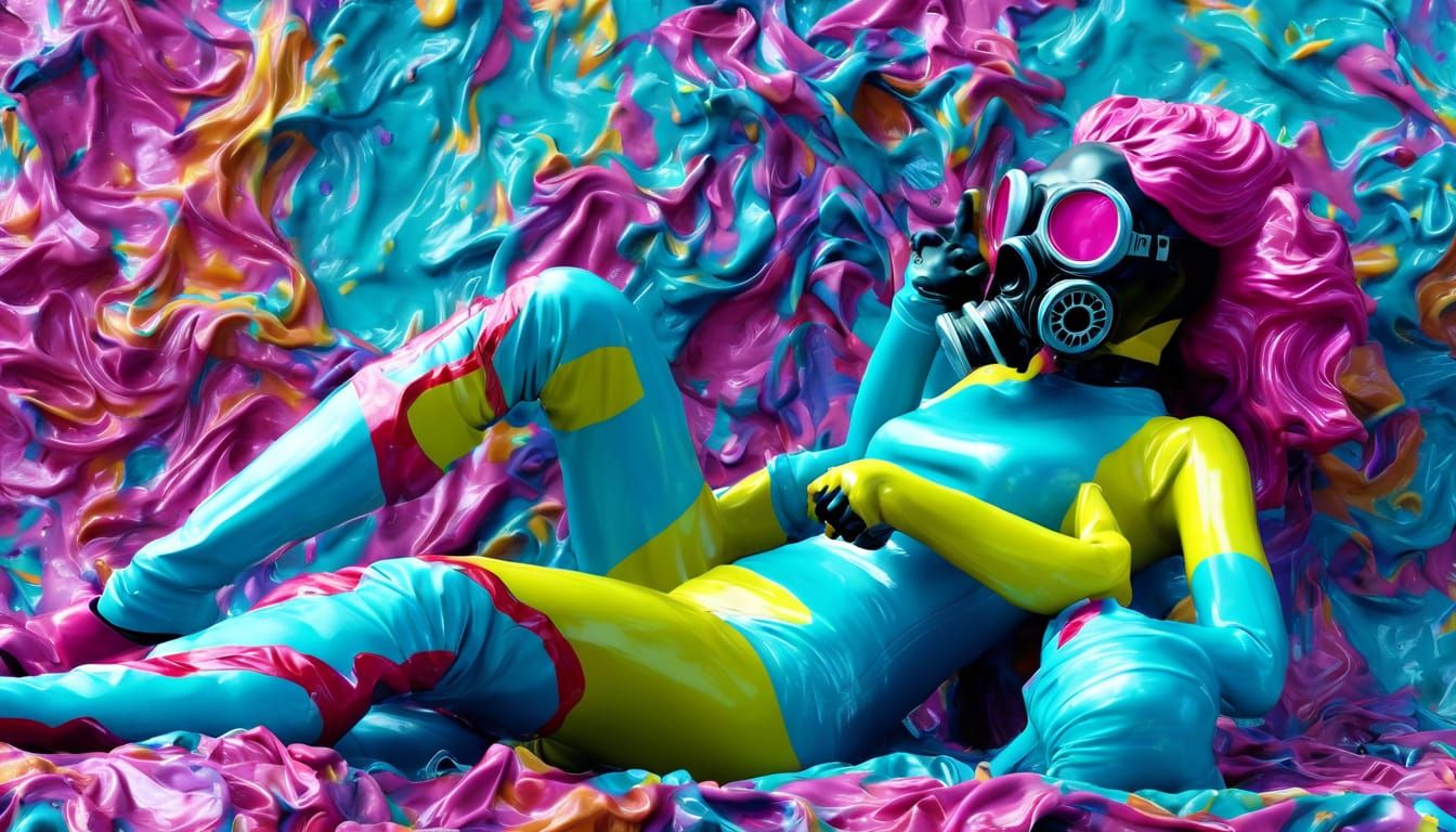 Surrealist Oil Painting of a Woman in a Latex Catsuit