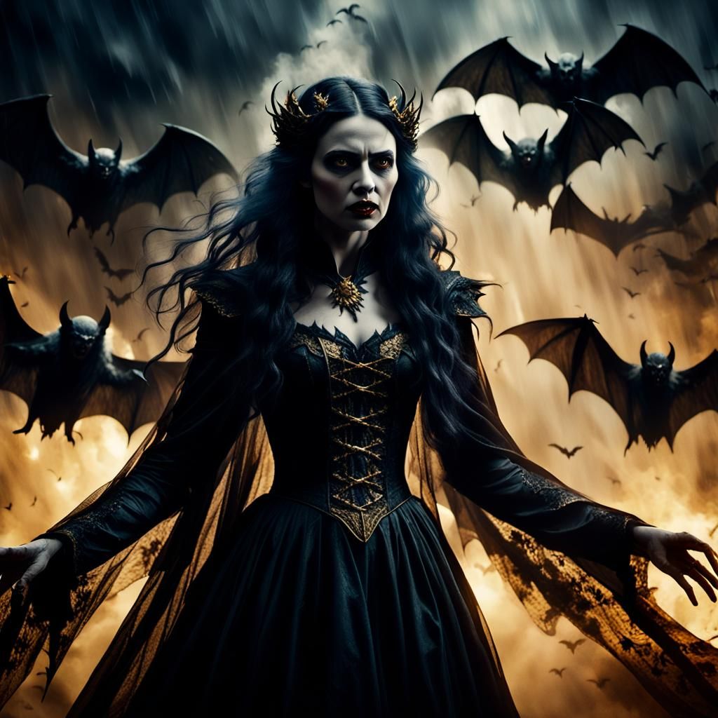 {With a flick of her wrist, the vampire queen summons a storm of bats to do her bidding, their wings beating furiously a...