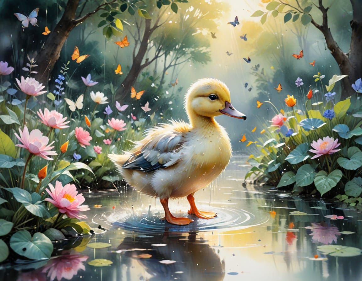 Pastel Duckling in Rainy Garden as Watercolor Painting