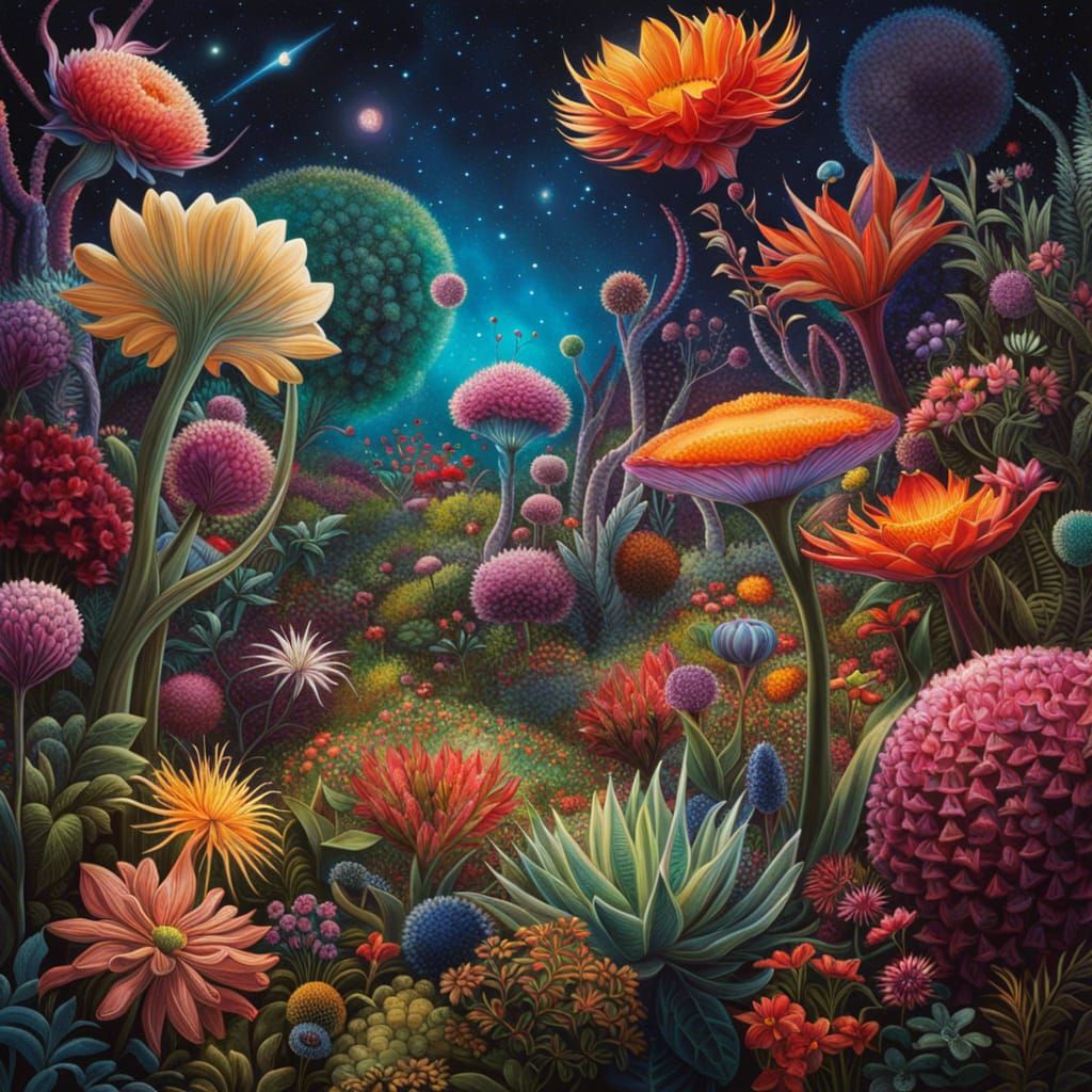 Hyperrealistic Cosmic Garden with Extraterrestrial Botanists