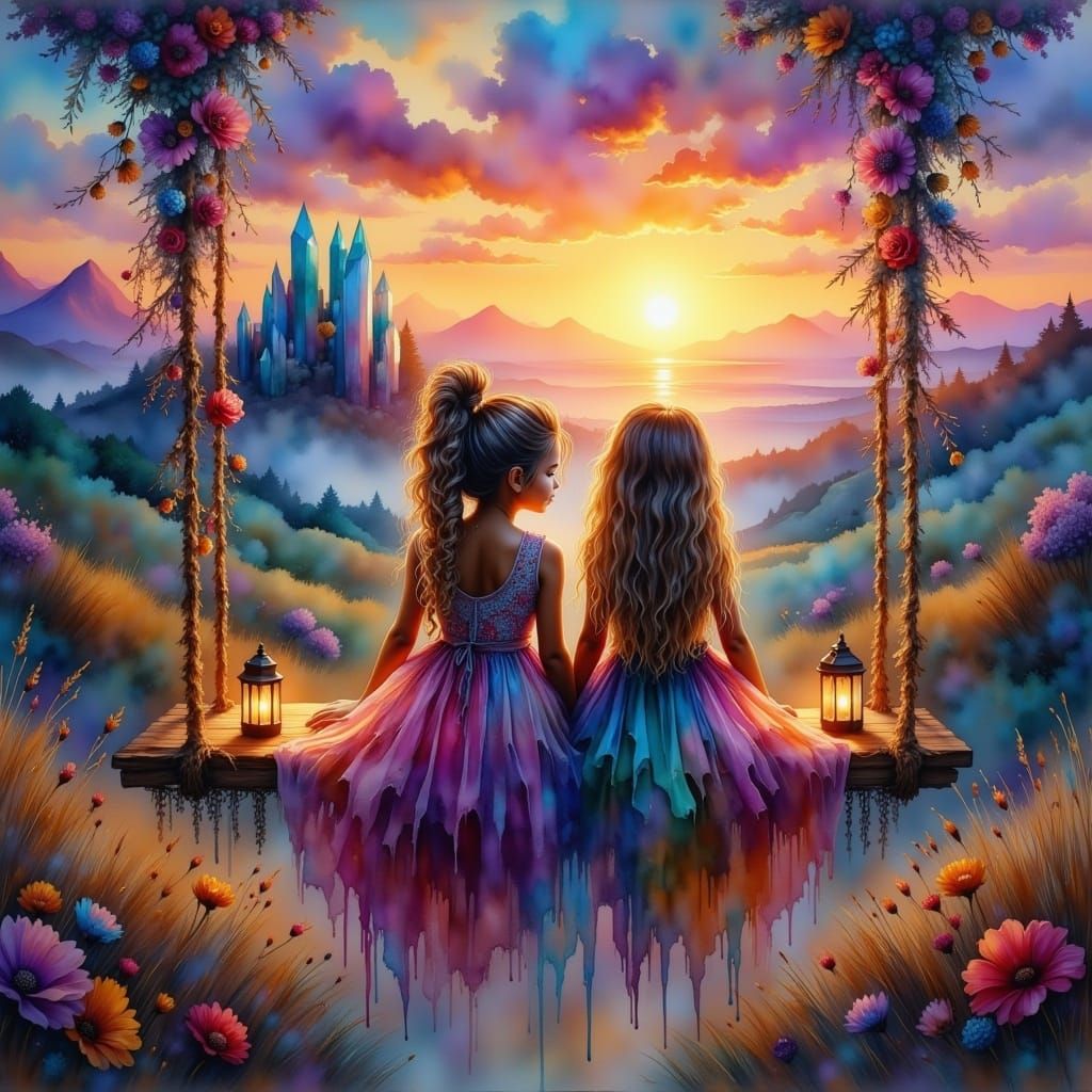 Children on Swing at Sunset in Watercolor Style