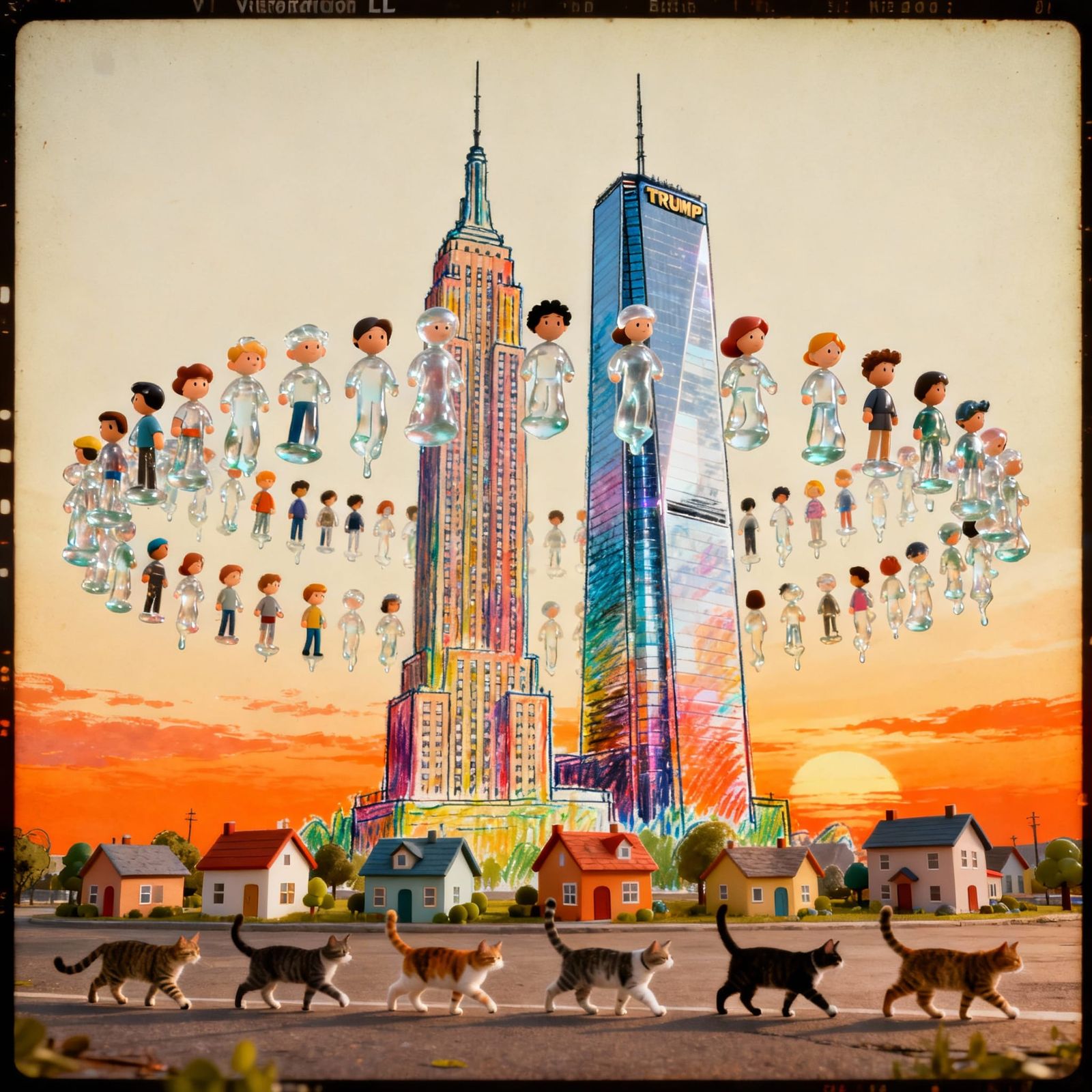 Transparent Liquid Crowd Before Colorful Empire State Sketch