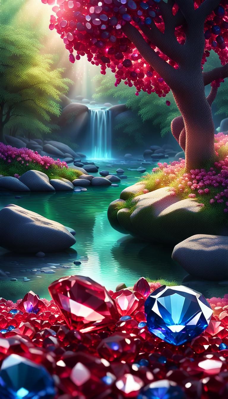 Sapphire and Ruby Jewel Florals in Emerald Canopy, Diamond R...