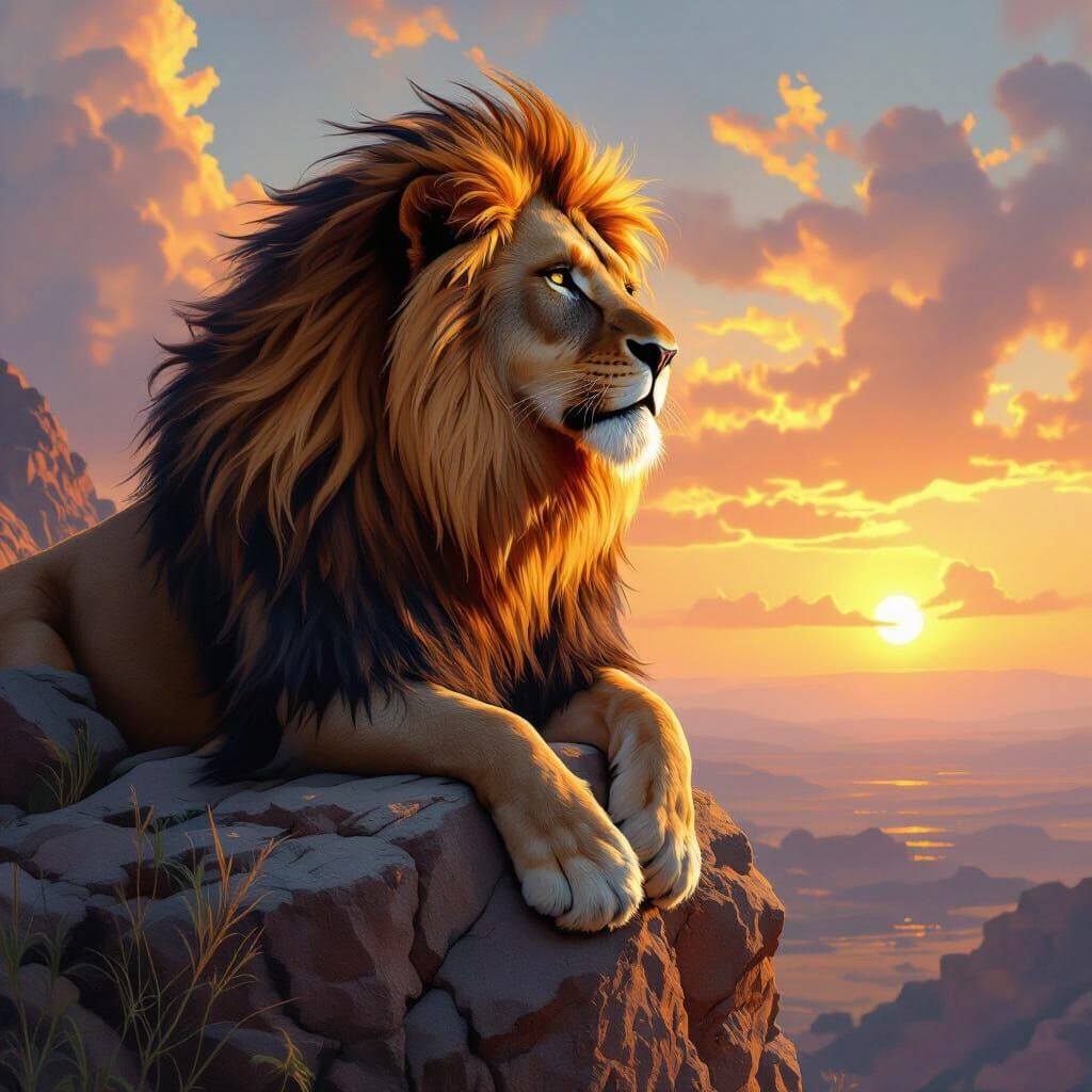 Lion with Fiery Mane Overlooking Kingdom in Hyperrealism