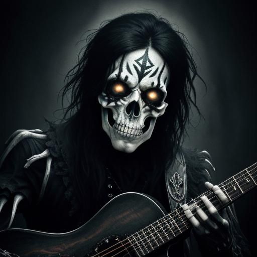 Skeleton Air Guitarist in Gothic Surrealism Style
