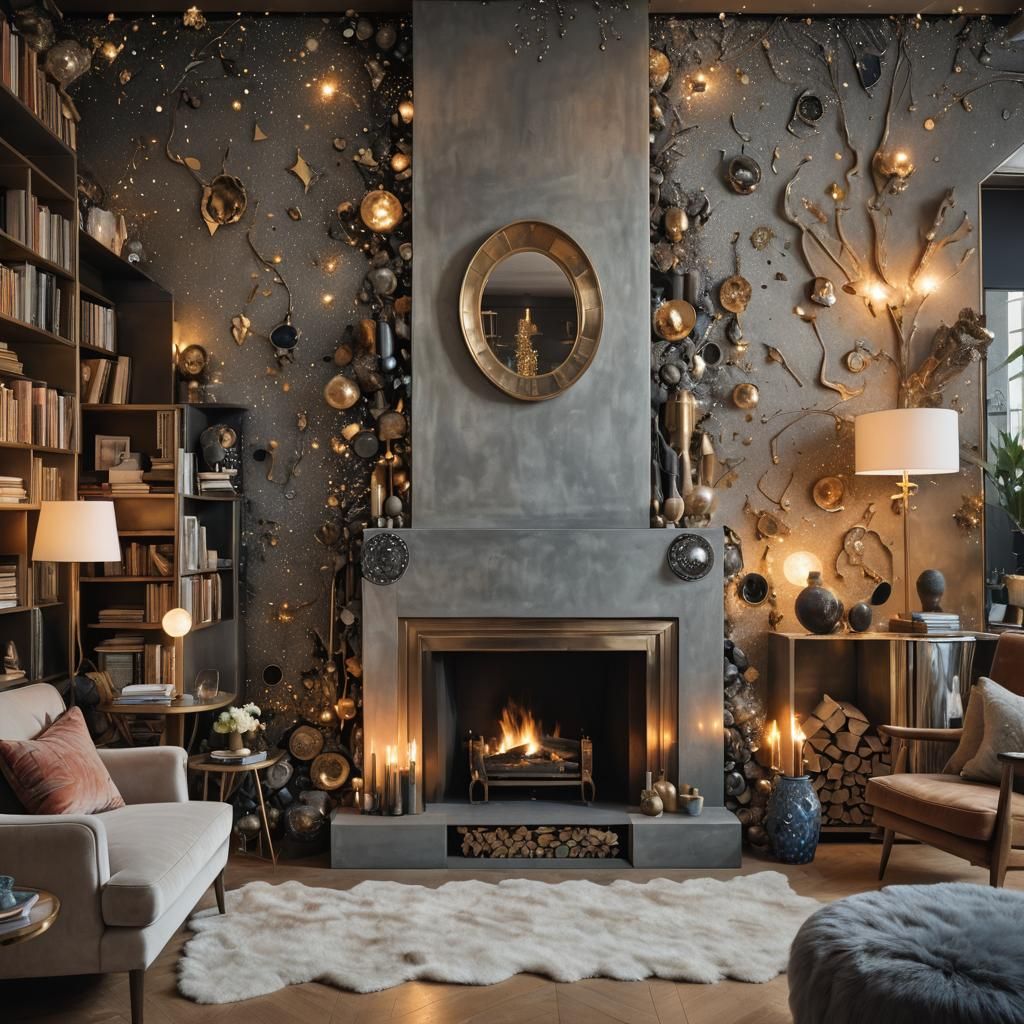 Futuristic Maximalist Fireplace Scene
