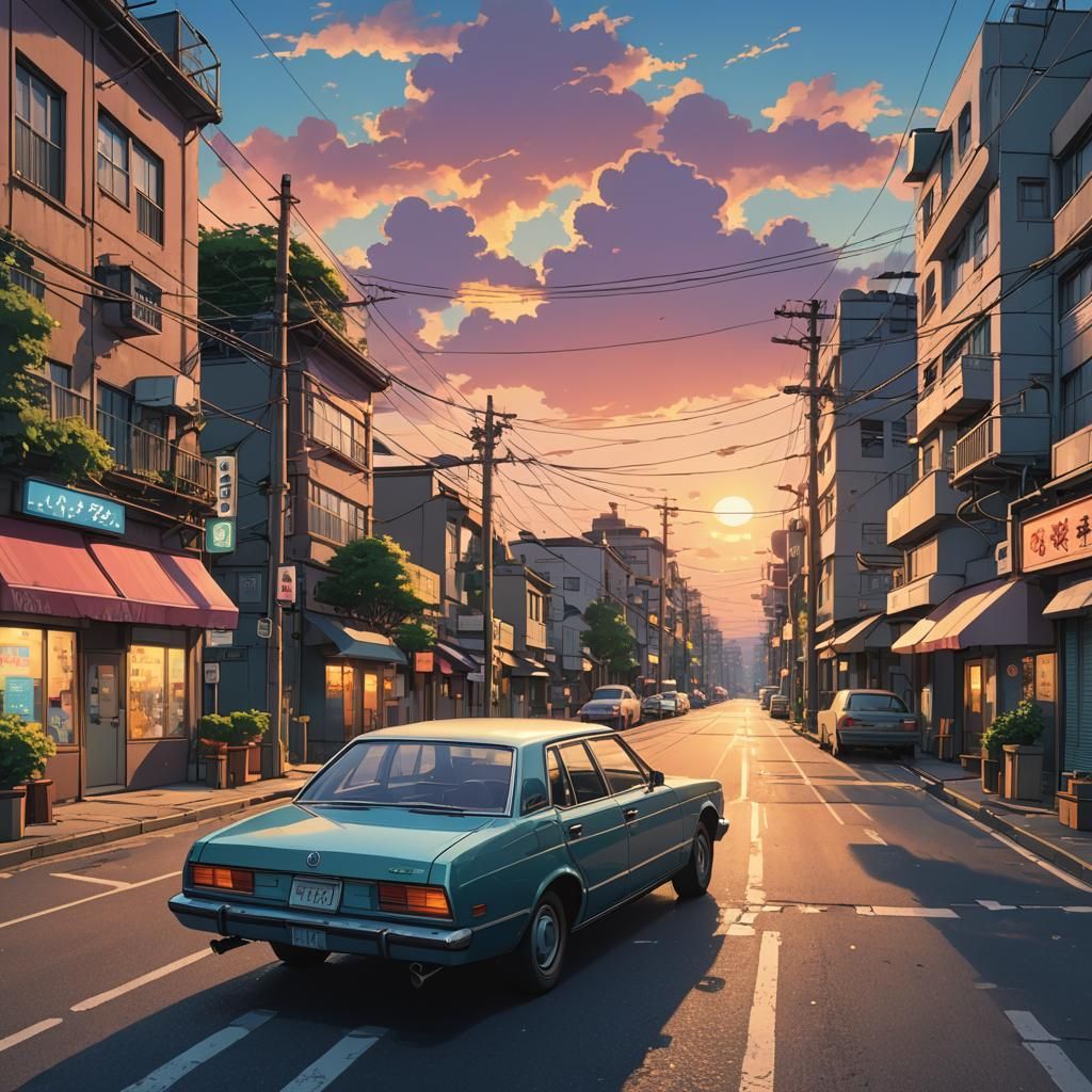 Car at Sunset in Synthwave Ghibli Style