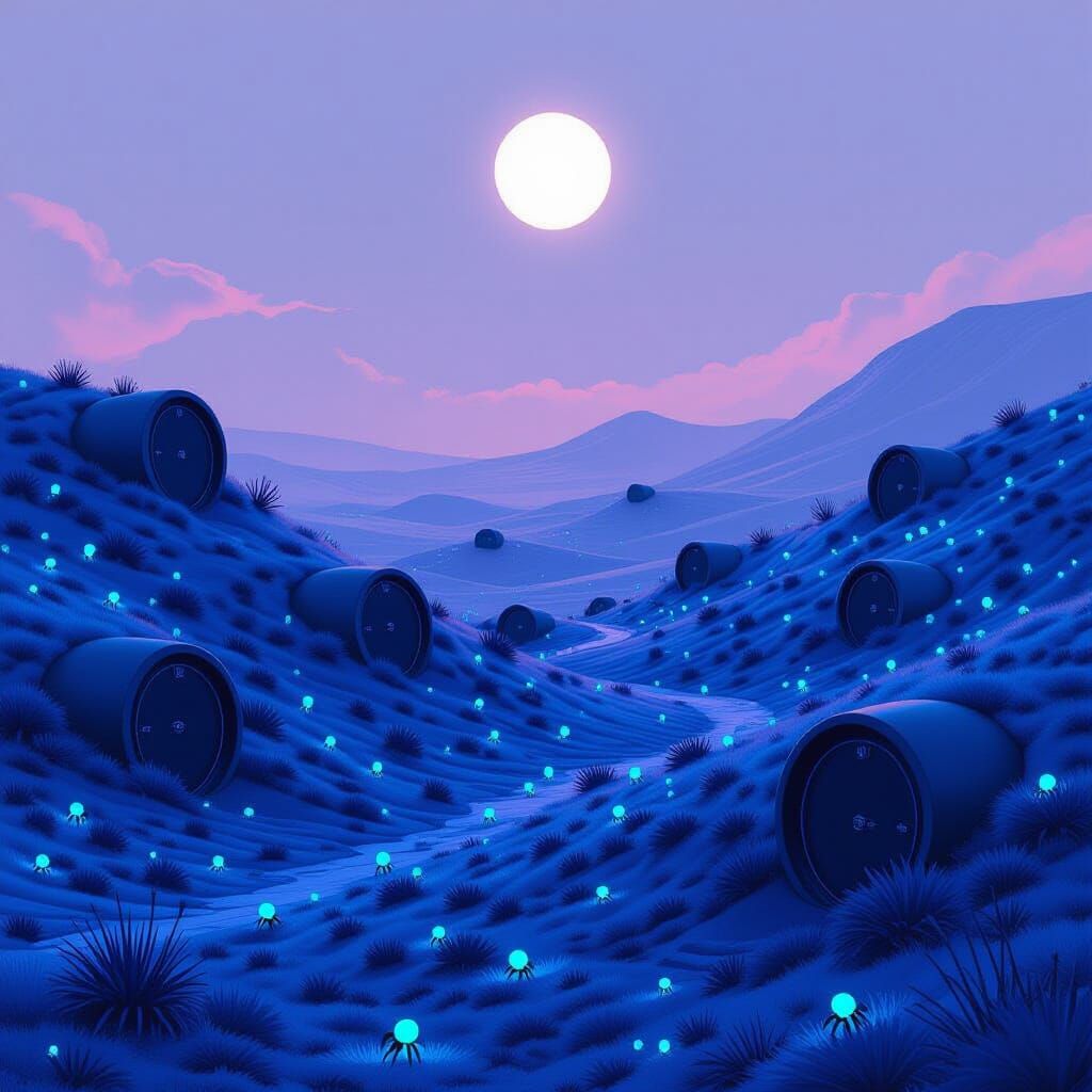 Desolate Alien Planet with Bioluminescent Insects