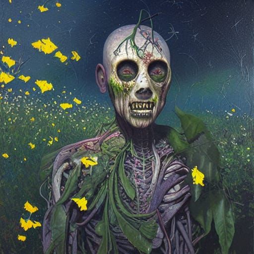 Decaying Body Adorned with Flowers and Fireflies