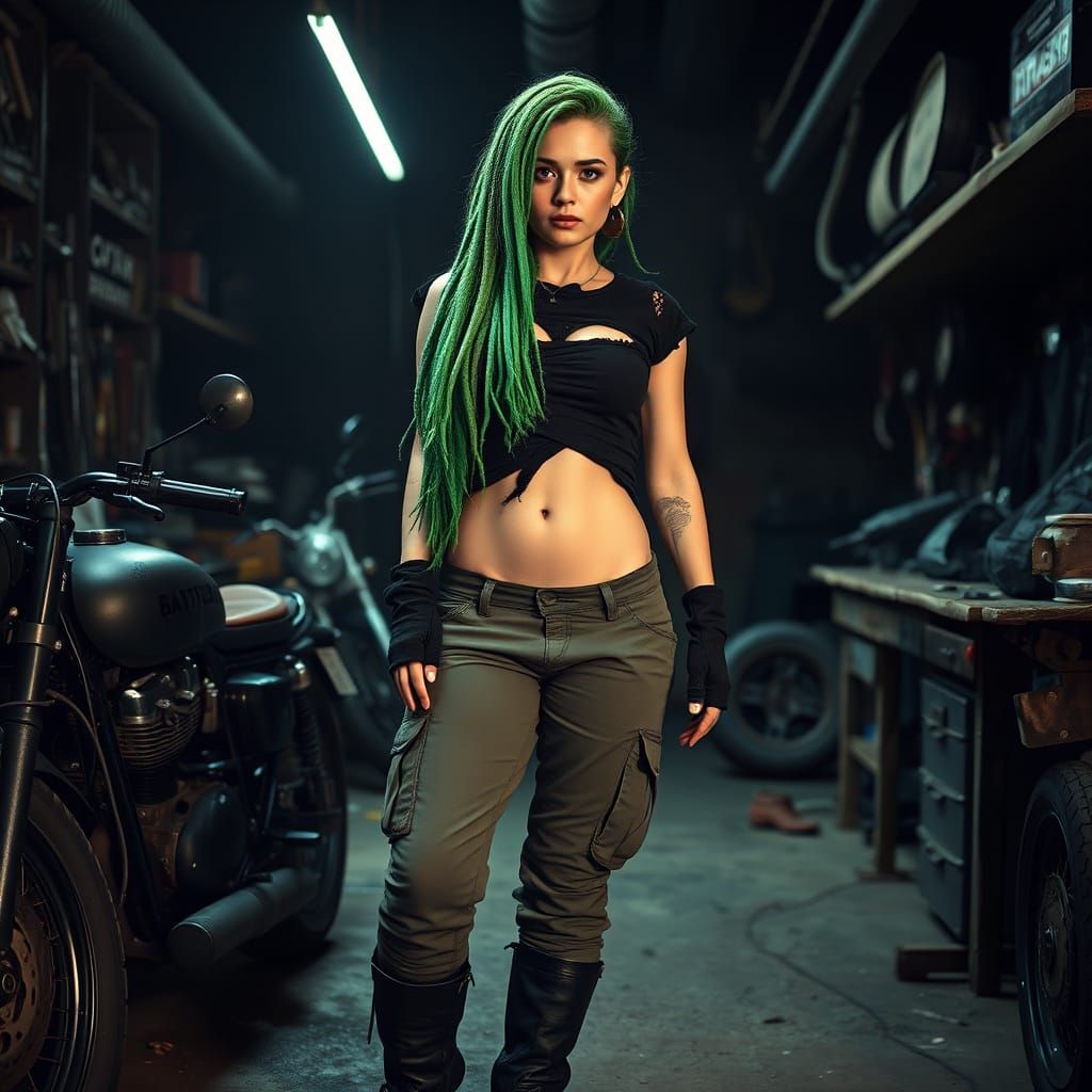 Cyberpunk Biker Goddess in a Dark Motorcycle Garage