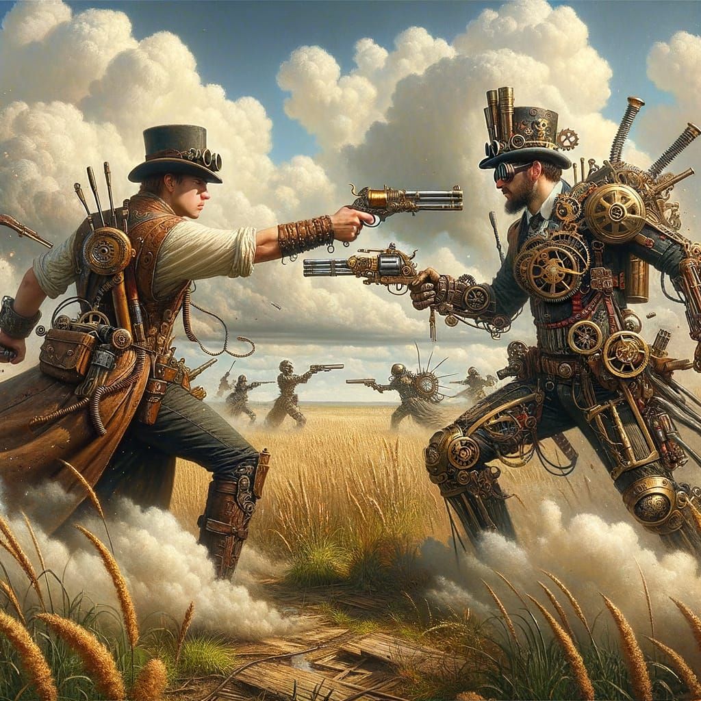 Steampunk Gunfight in Grassy Field as Oil Painting