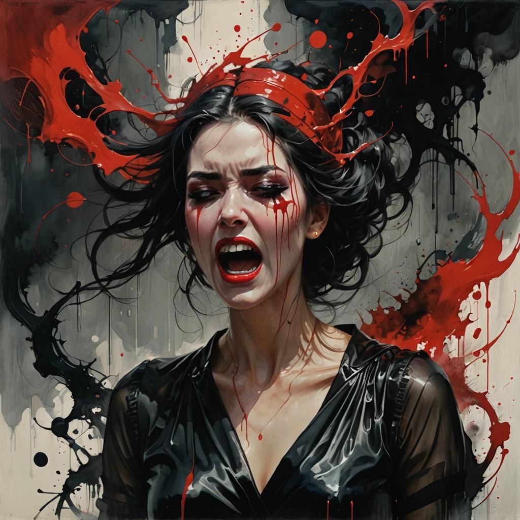 Emotional Watercolor Portrait of Screaming Woman