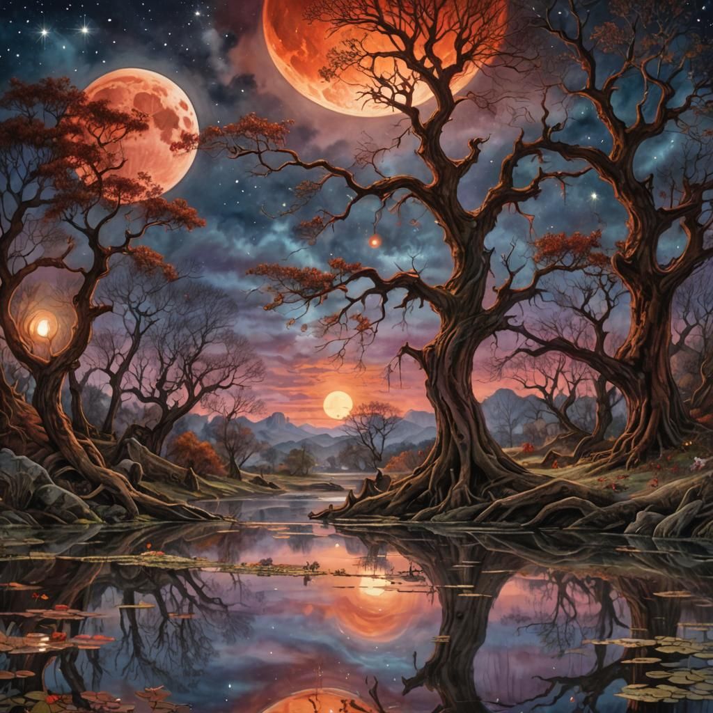 Blood Moon Eclipse Over Gnarlled Water