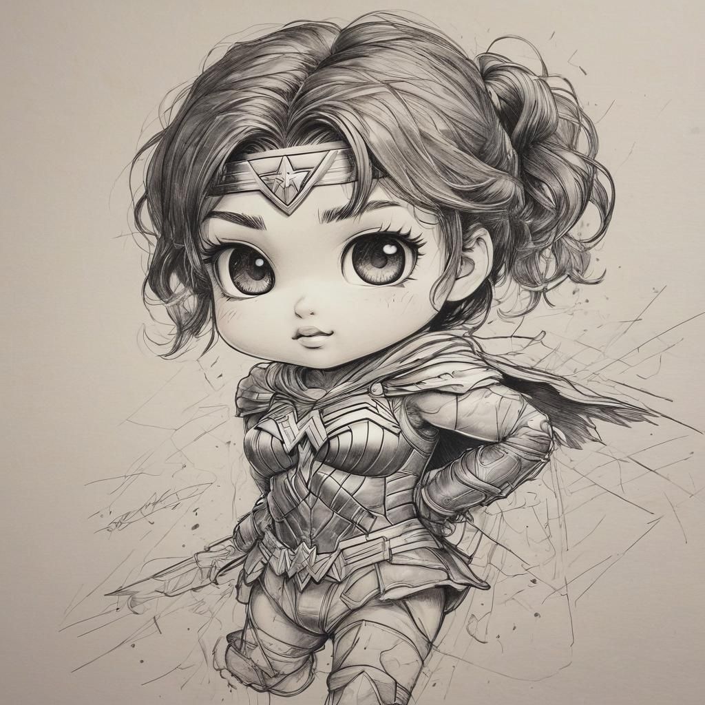 Chibi Wonder Woman Manga Pencil and Ink Sketch