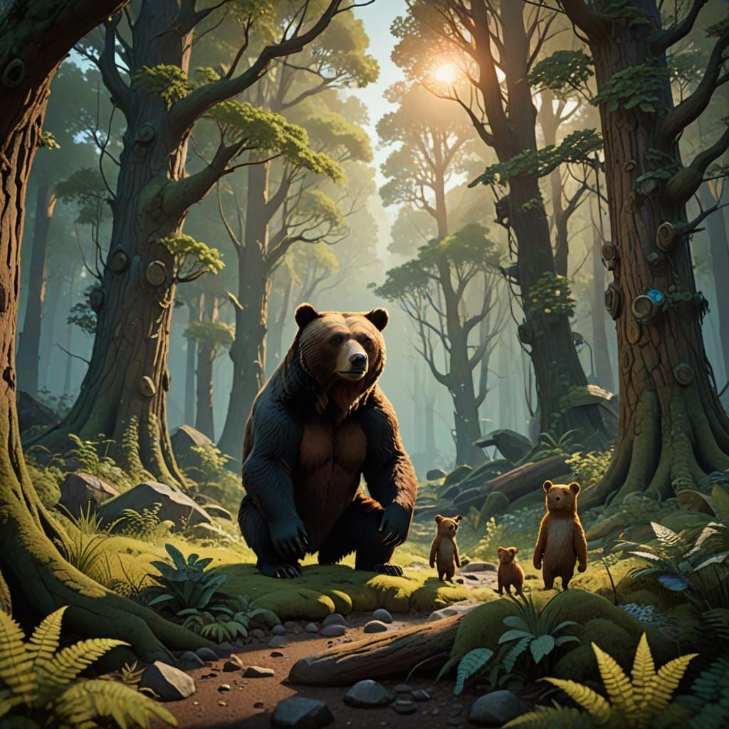 Father Bear and Cubs in a Mystical Forest