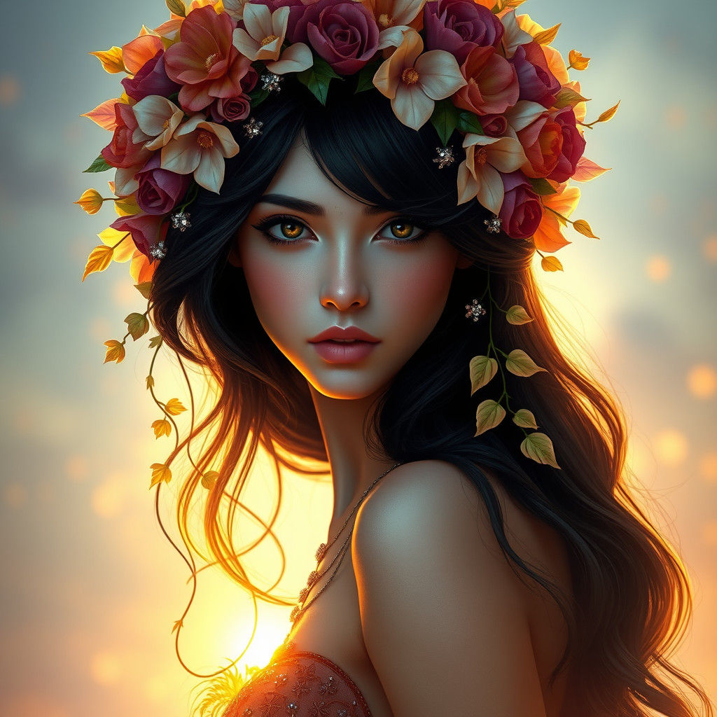 Fantasy Flower Girl Portrait in Art Nouveau Style