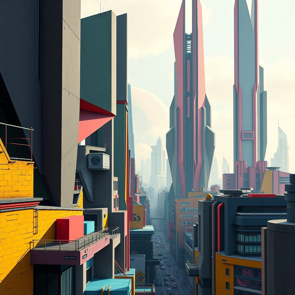 Futuristic Cityscape in Geometric Cubist Style