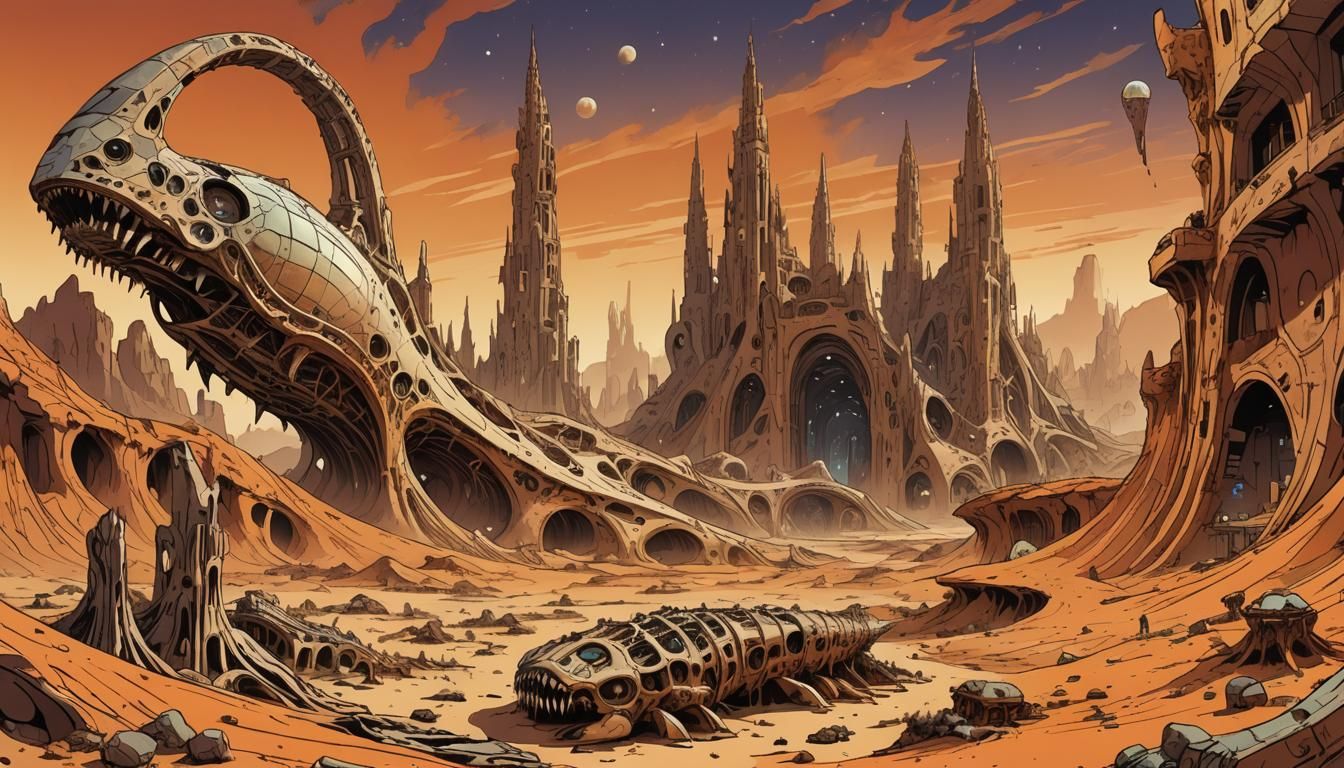 Retrofuturistic Comic Art on Mars with Ancient Architecture