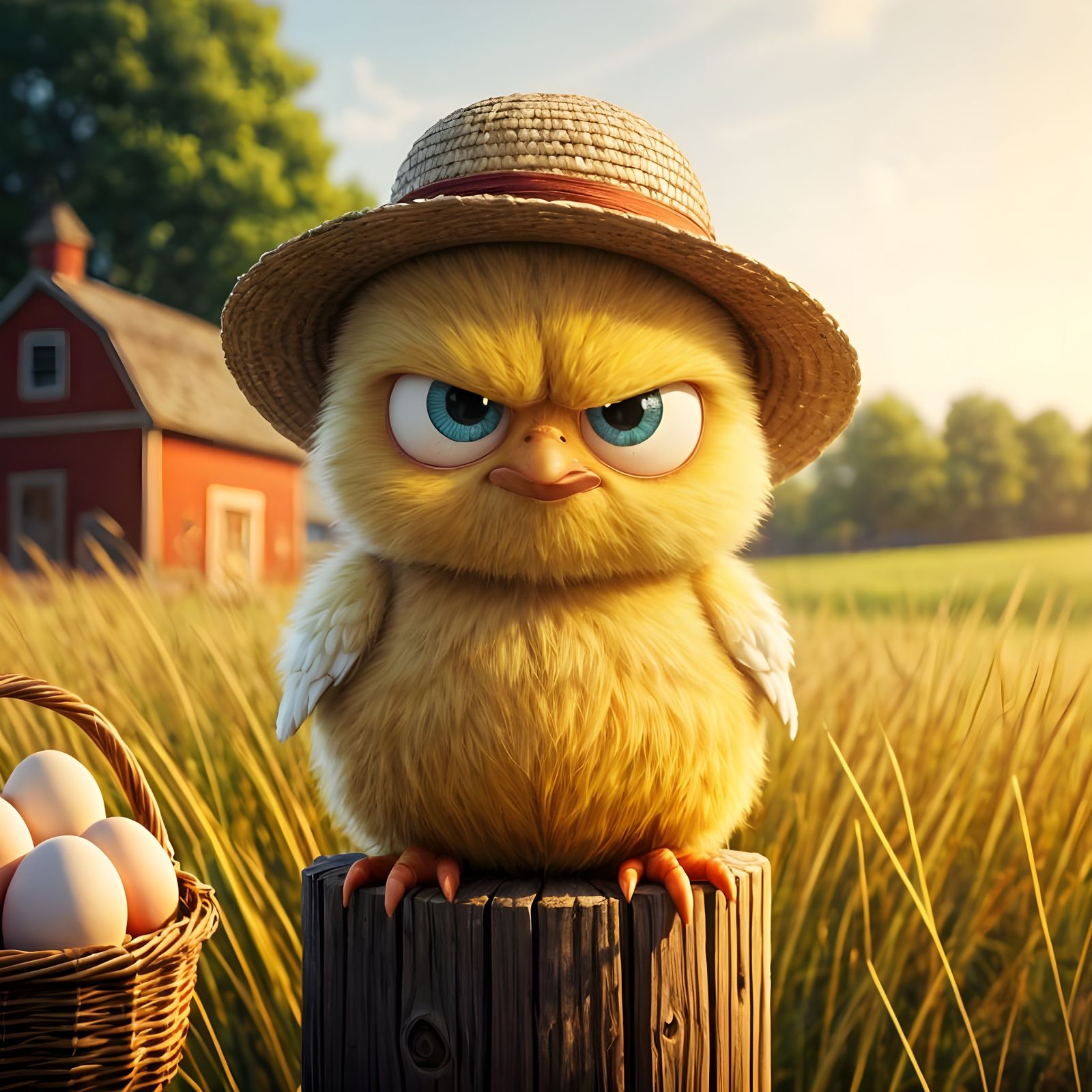 Adorable Grumpy Chick on Farm in Pixar Style