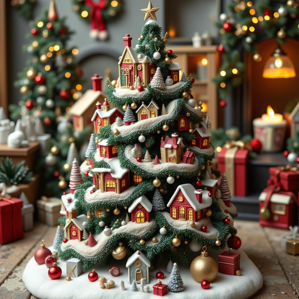 Claymation Christmas Tree Village with Snowy Houses