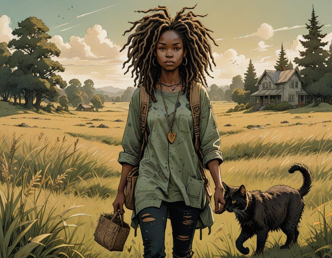 Girl with Cat in Grassy Meadow: Whimsical Illustration