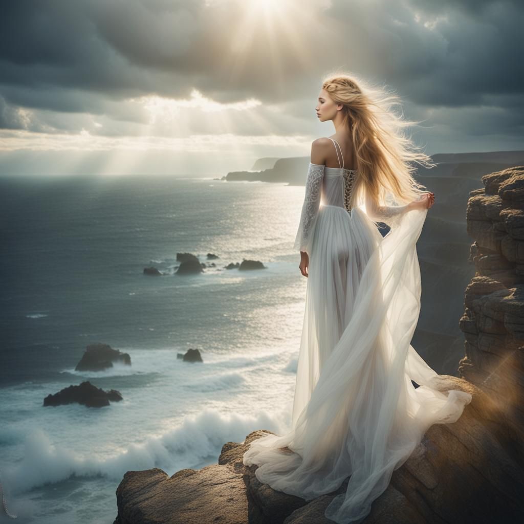 Woman in White Gown Overlooking Stormy Sea