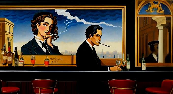 Dreamlike Spy in Trompe-l'oeil Bar Scene
