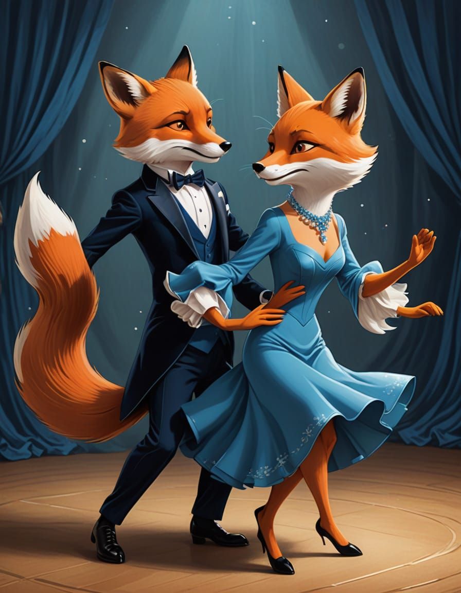 Cartoon Foxes Tango in Ball Dress and Tuxedo