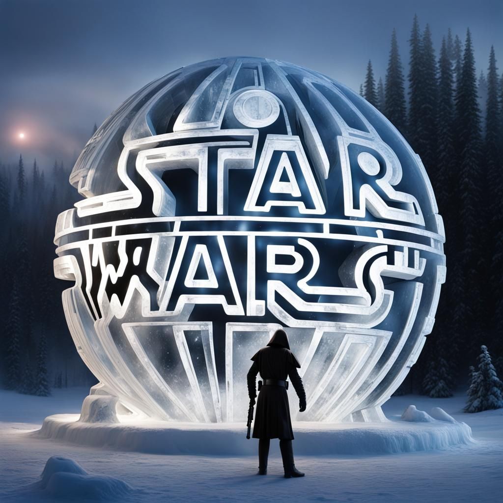 An ice sculpture carving in the shape of the Star Wars logo and the Death Star.
