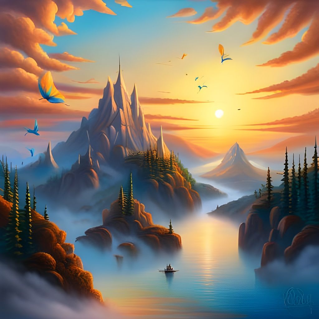 Surreal Mountain Sunset with Butterfly Sails
