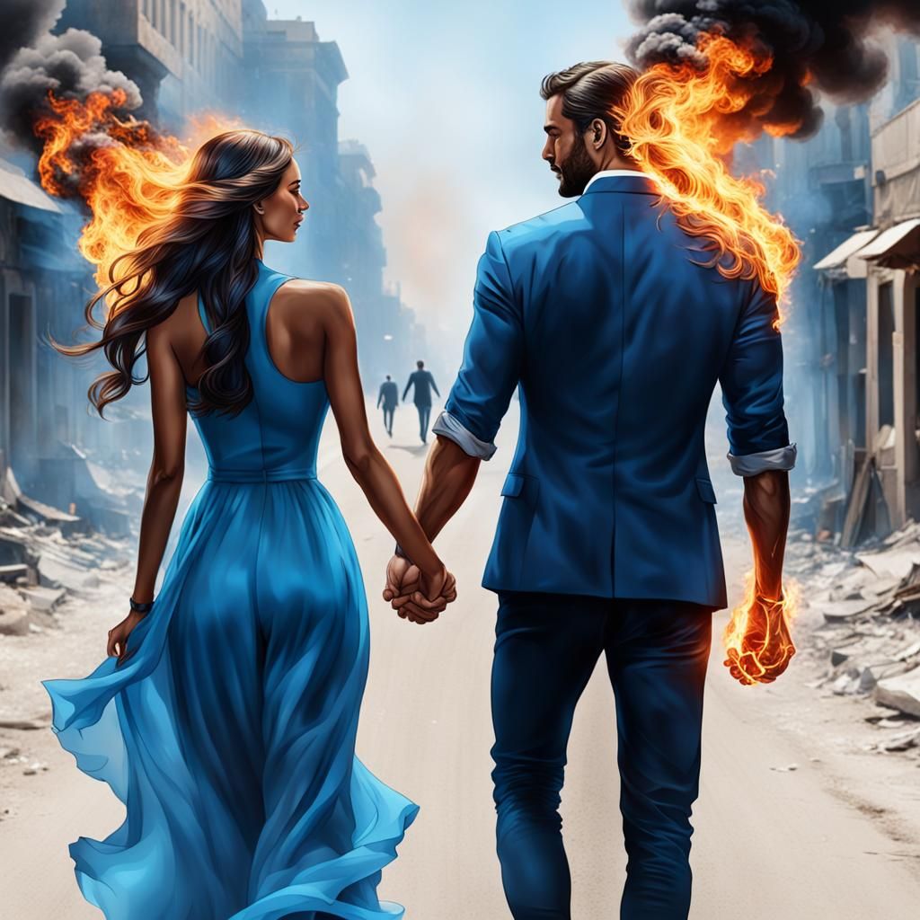 Passionate Lovers Holding Hands in Fire and Ice