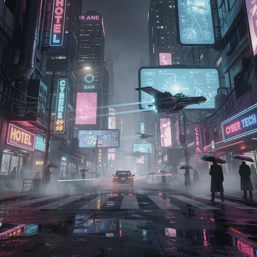 Cyberpunk Cityscape With Neon Lights and Flying Cars
