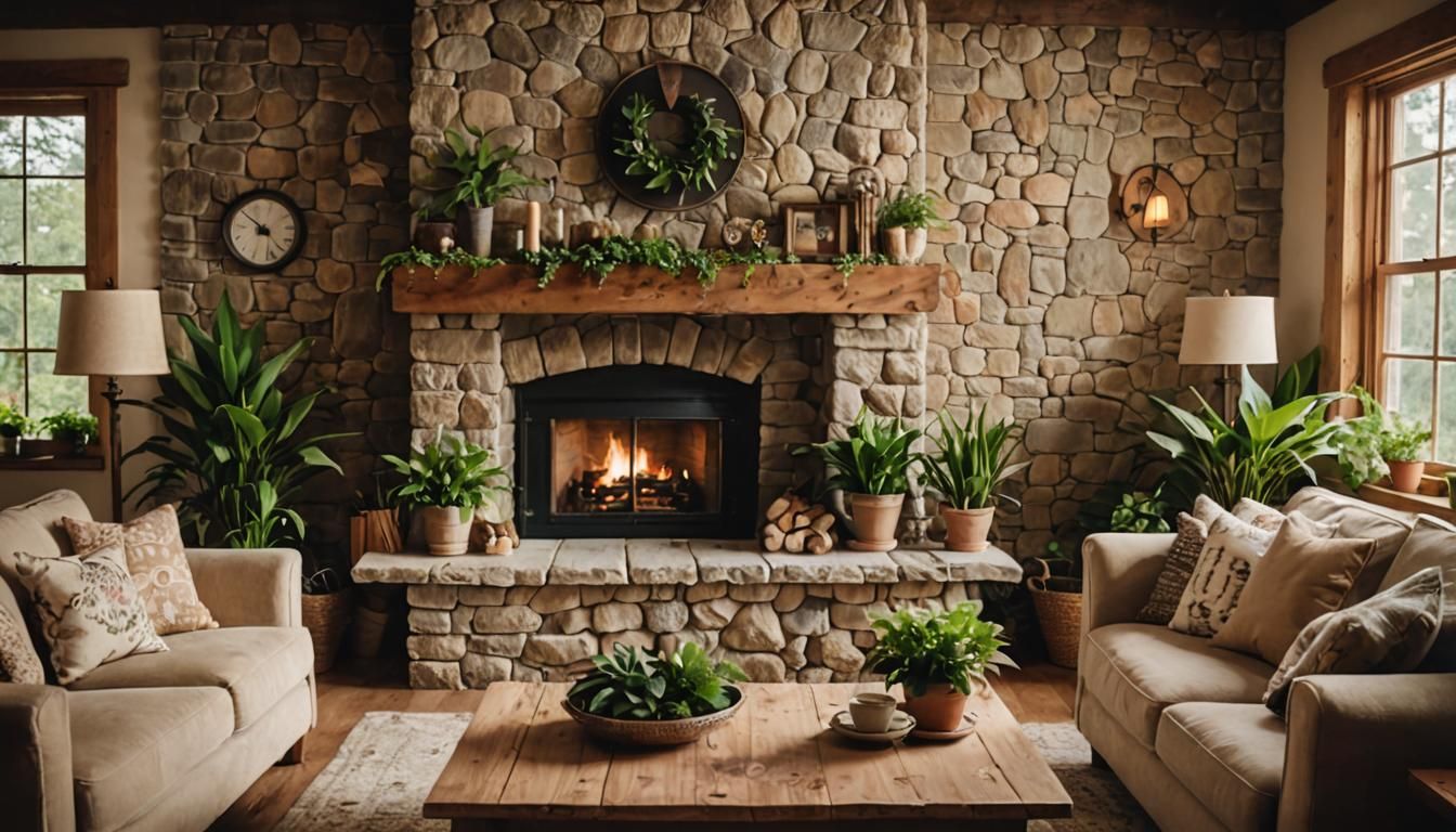 Cozy Rustic Living Room with Stone Fireplace