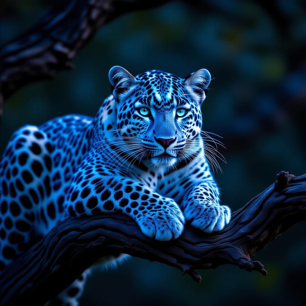 Majestic Blue Leopard Sparkling on Tree Branch