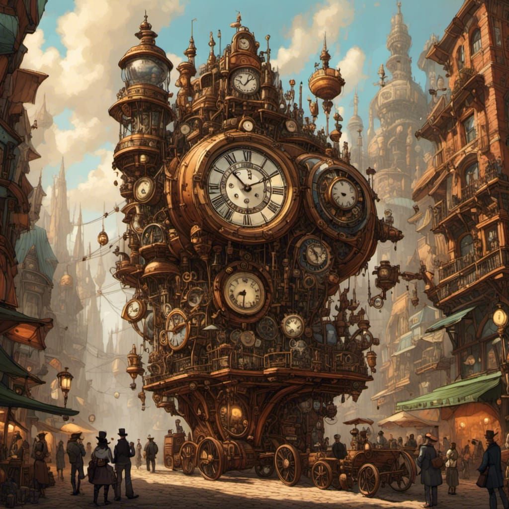 Steampunk Town Clock in Detailed Digital Art