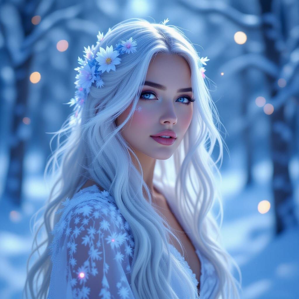 Ethereal Ice Garden Woman Portrait in Snowy Forest