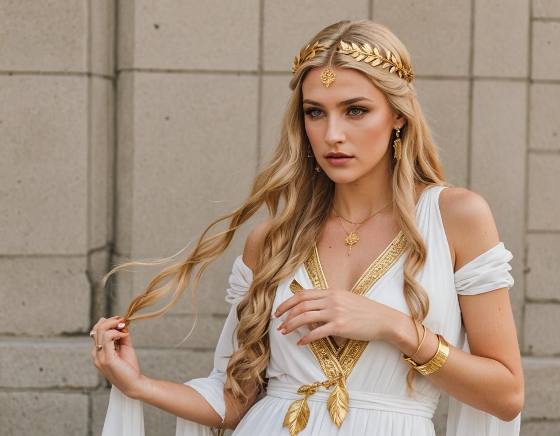 Greek goddess. Long blonde hair. Gold leave hair piece. White gown. Gold arm cuffs. Natural brown makeup. Green eyes.  G...