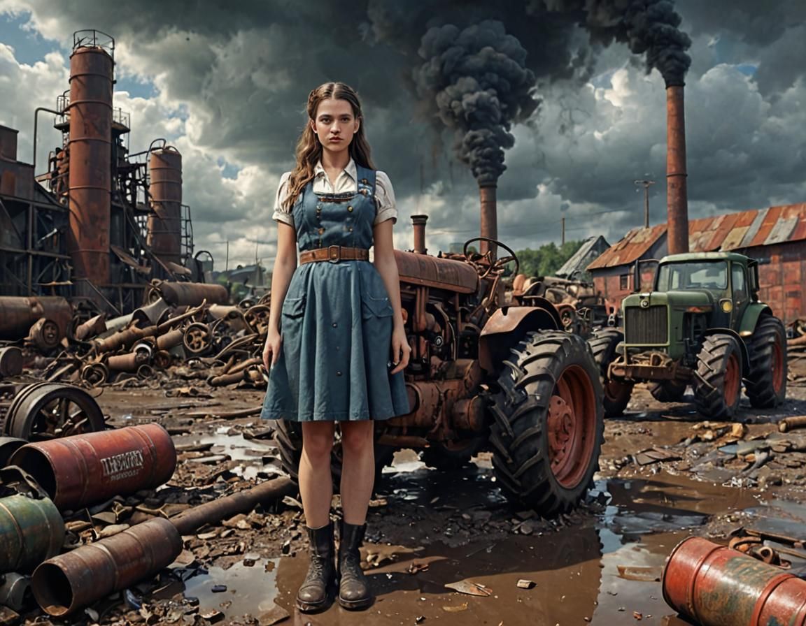 Dieselpunk Factory Girl in Grim Industrial Setting