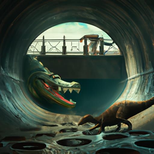 Dinosaur and Crocodile in Sewer: Digital Matte Painting
