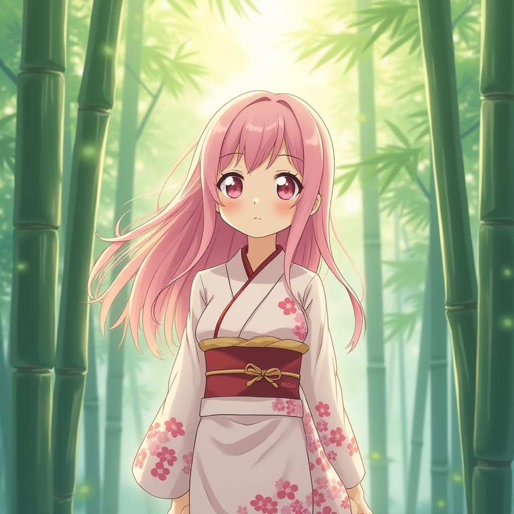 Anime Girl in Bamboo Forest, Ghibli-Inspired Art