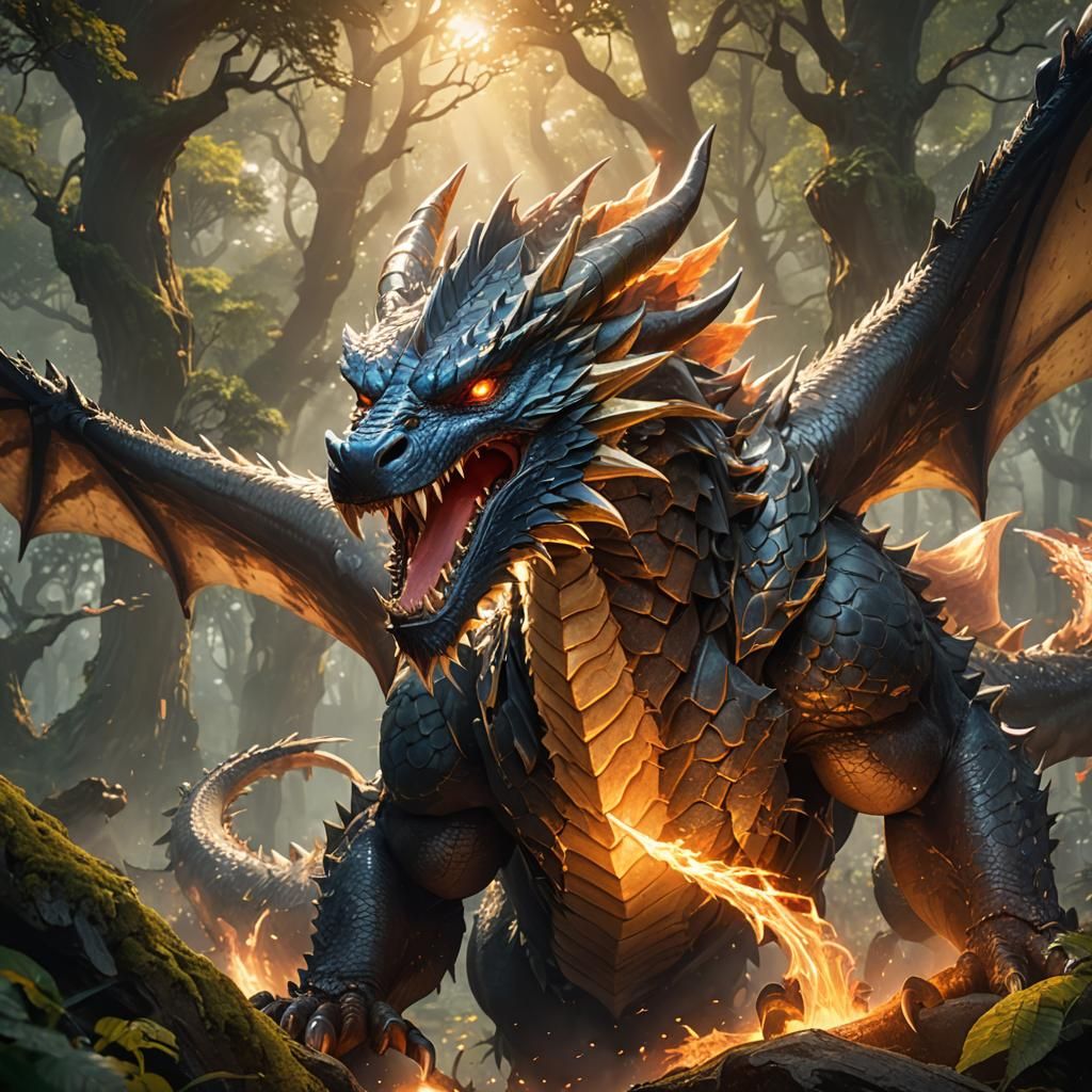 Dragon's Roar: 3D Anime Art in Ancient Forest