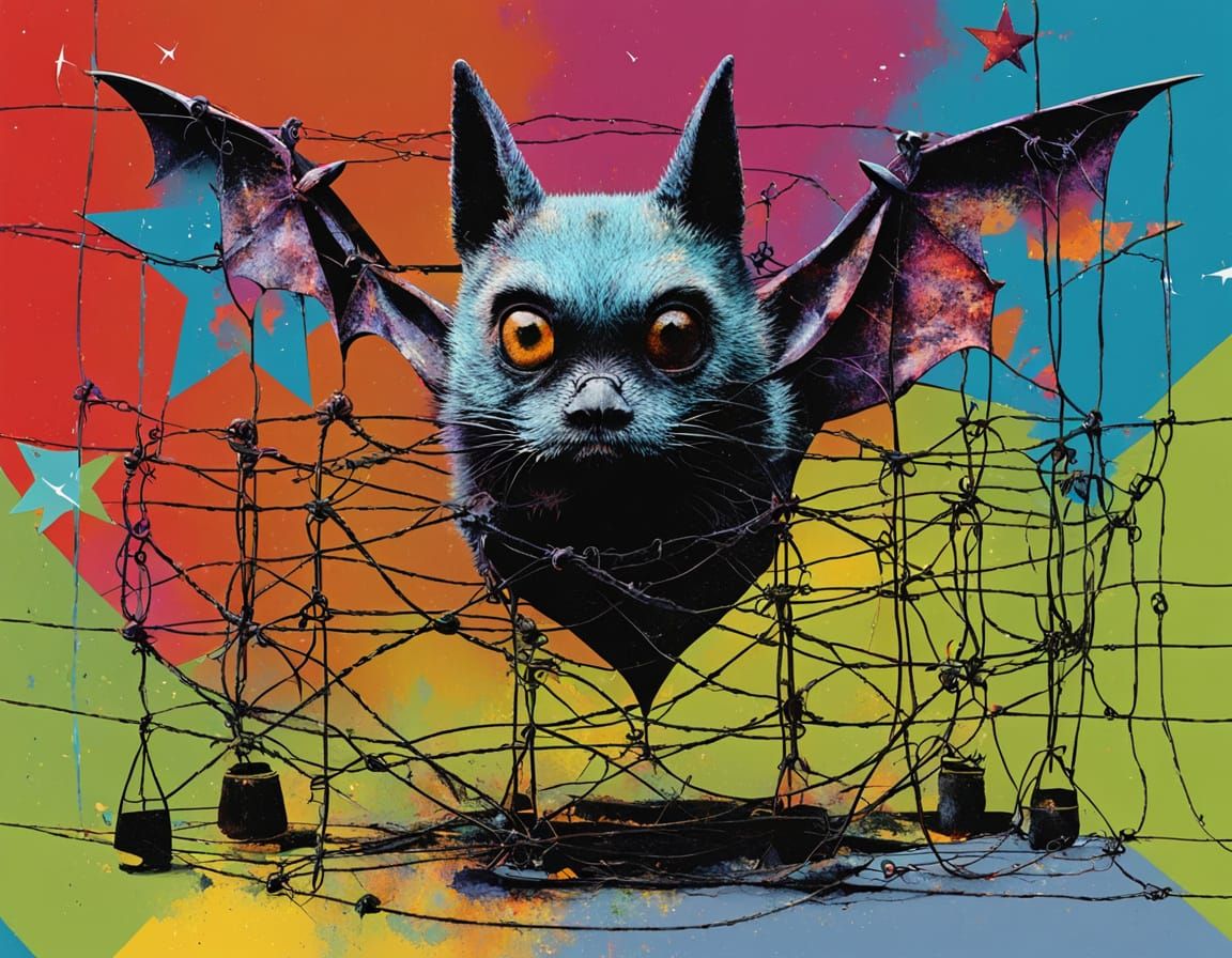 Distressed Mixed-Media Bat with Barbed Wire