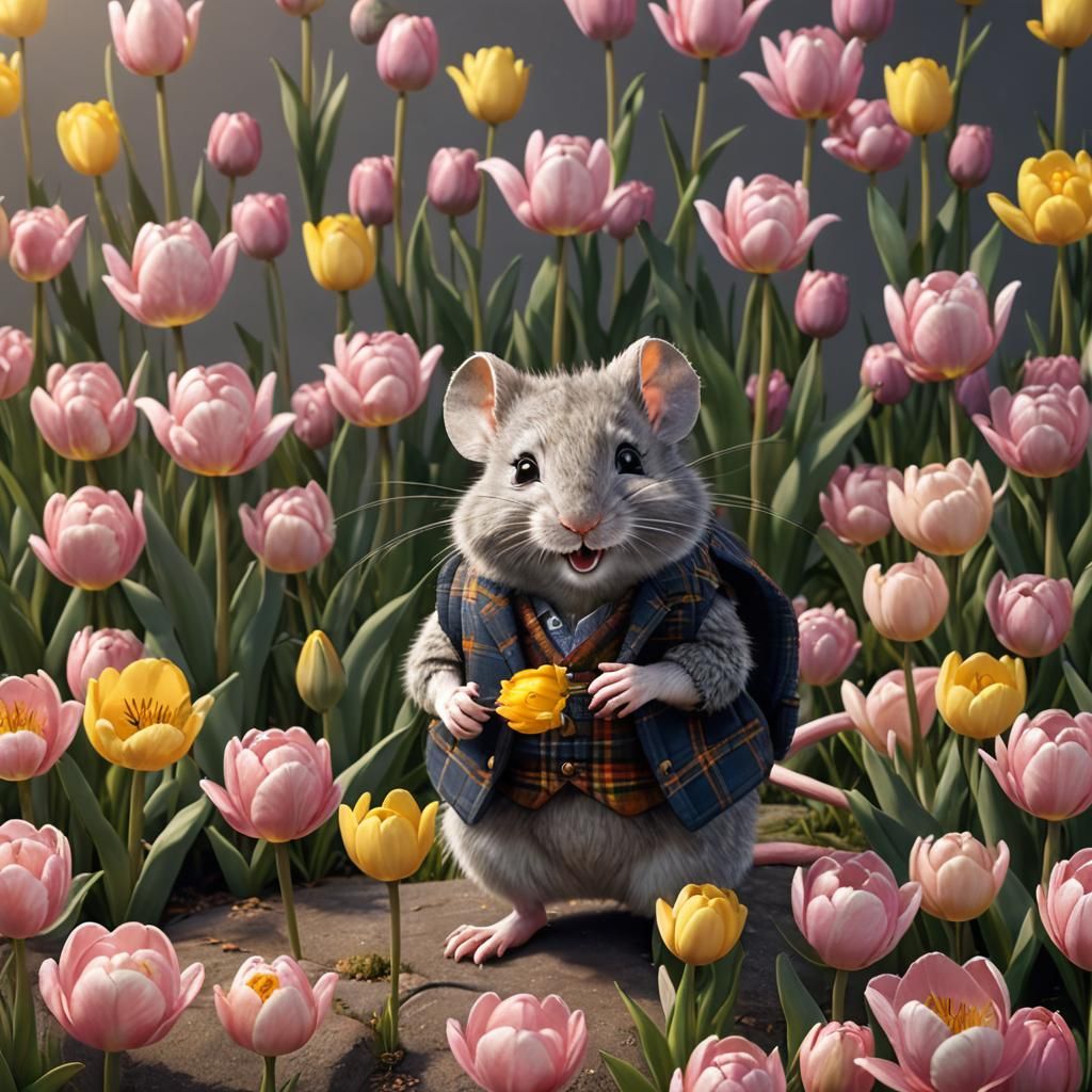 Mouse with Tulips in Hyperdetailed Fantasy Style