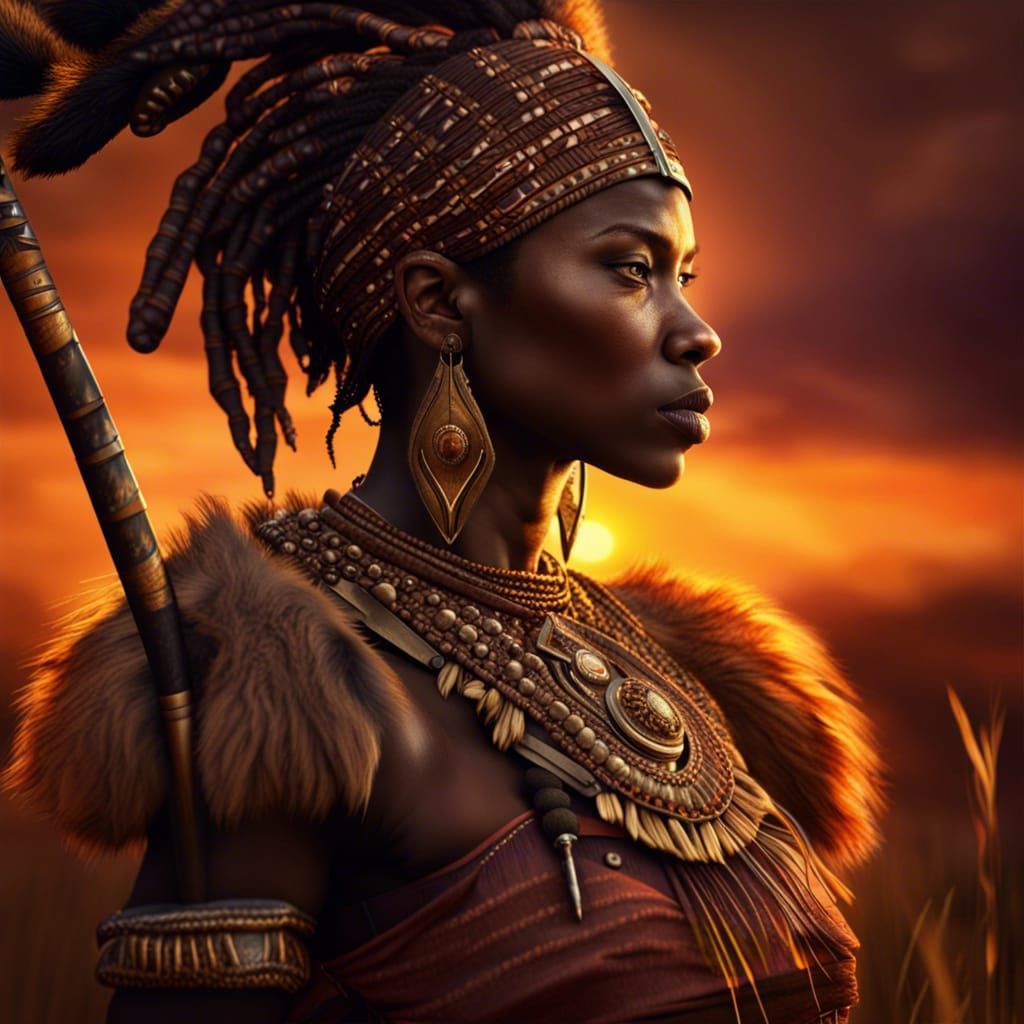 Photorealistic African Warrior in Serengeti Sunset